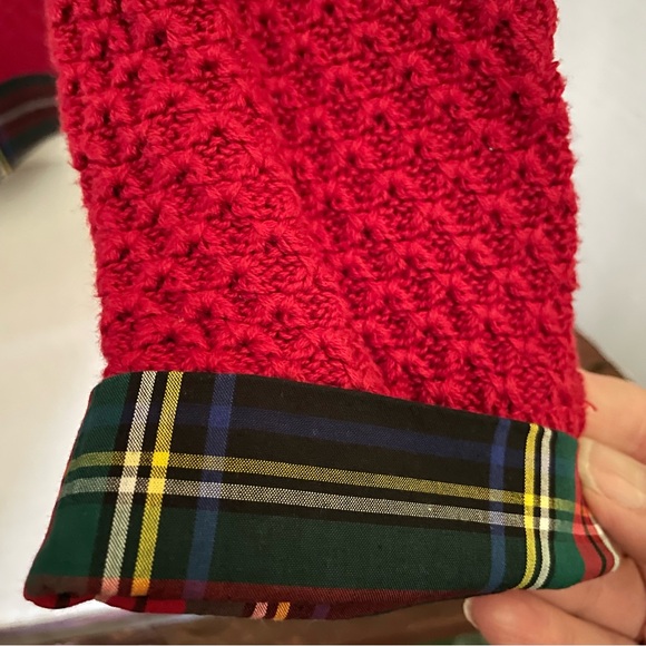 Talbots Women's Vibrant Red Crew Neck Sweater with plaid cuff and hem, Petite S - Picture 5 of 10